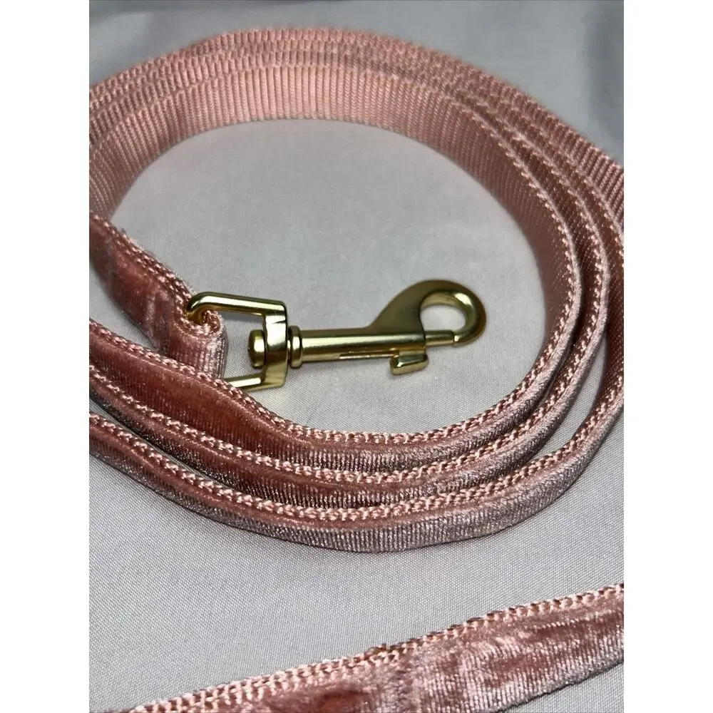 Medium 14-18” Brown/Pink Dog Collar 3/4” and 6’ Velvet Leash 1/2” Wide